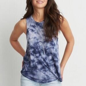 American Eagle Outfitters Blue and White Tie-Dye Tank Top Small
